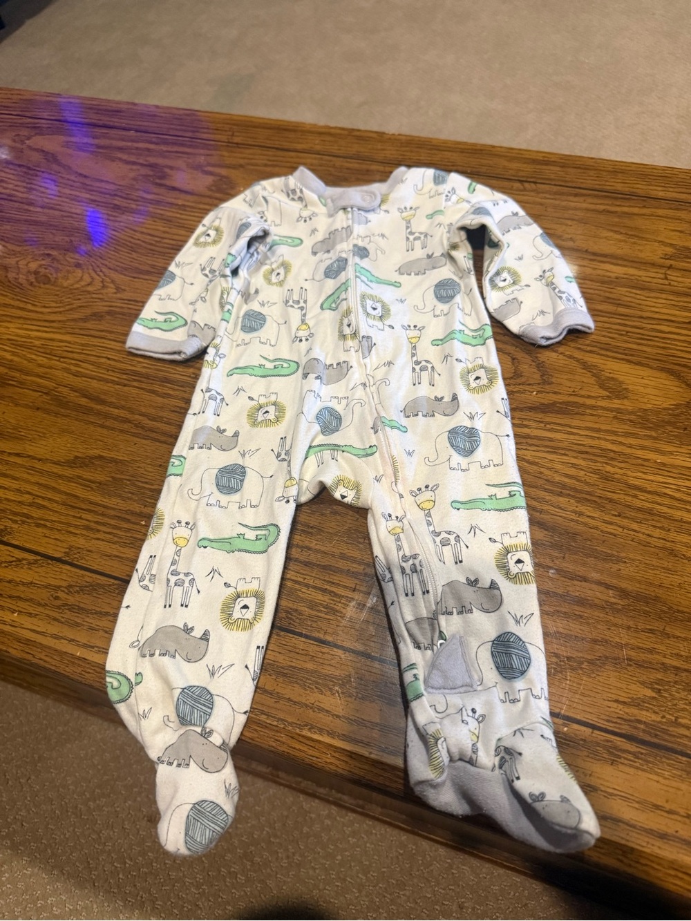 6 for $10 Neutral Animal Print Footed pajamas - White with Gray & Green
